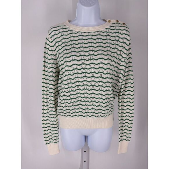 Lands' End Sweaters - Lands’ End Cream & Green Striped Knit Sweater | Button Shoulder Crewneck
